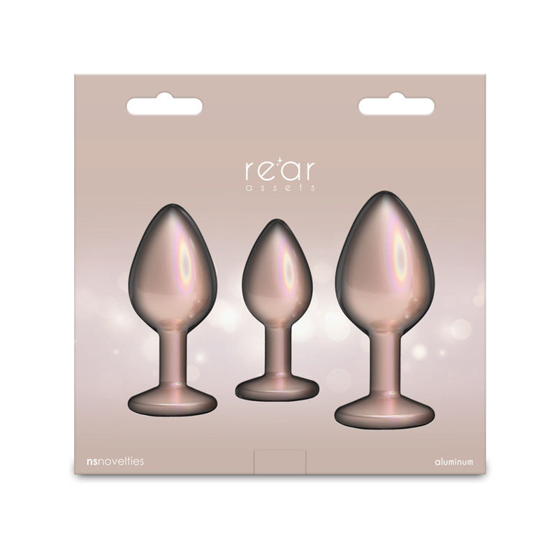 Rear Assets Trainer Kit - Set of 3 (Small 2.79", Medium 3.23", Large 3.74") with Rose Gold Gems > Anal Range > Jewel Butt Plugs