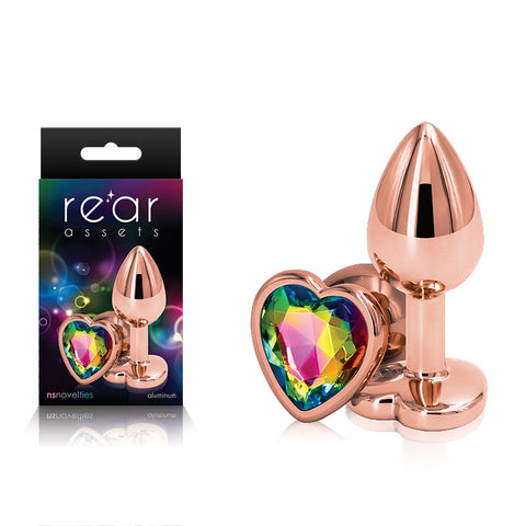 Rear Assets Rose Gold Small Metal Butt Plug with Rainbow Heart Gem Base – Lightweight Butt Plug > Anal Range > Jewel Butt Plugs