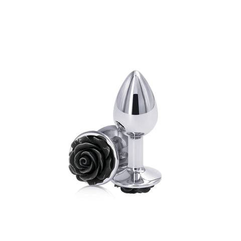 Rear Assets Rose Small 7.6 cm Metal Butt Plug with Black Rose Base Butt Plugs