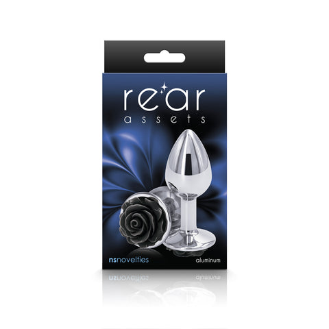 Rear Assets Rose Small 7.6 cm Metal Butt Plug with Black Rose Base Butt Plugs
