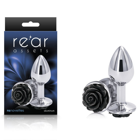 Rear Assets Rose Small 7.6 cm Metal Butt Plug with Black Rose Base Silver Butt Plugs