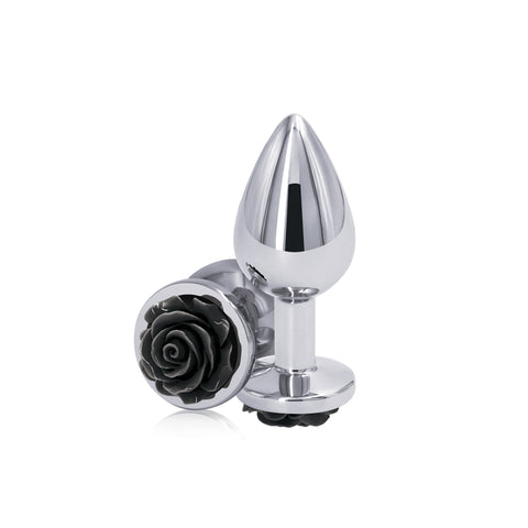 Rear Assets Rose Medium 8.9 cm Metal Butt Plug Black Rose Base ANAL TOYS