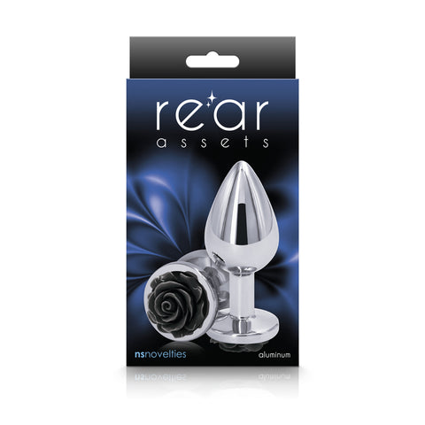 Rear Assets Rose Medium 8.9 cm Metal Butt Plug Black Rose Base ANAL TOYS