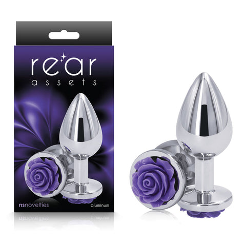 Rear Assets Rose Medium 8.9 cm Metal Butt Plug with Purple Base Silver Medium > Anal Range > Jewel Butt Plugs