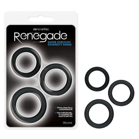 Renegade Diversity Rings Silicone Cock Rings Set of 3 Sizes Black COCK RING Set