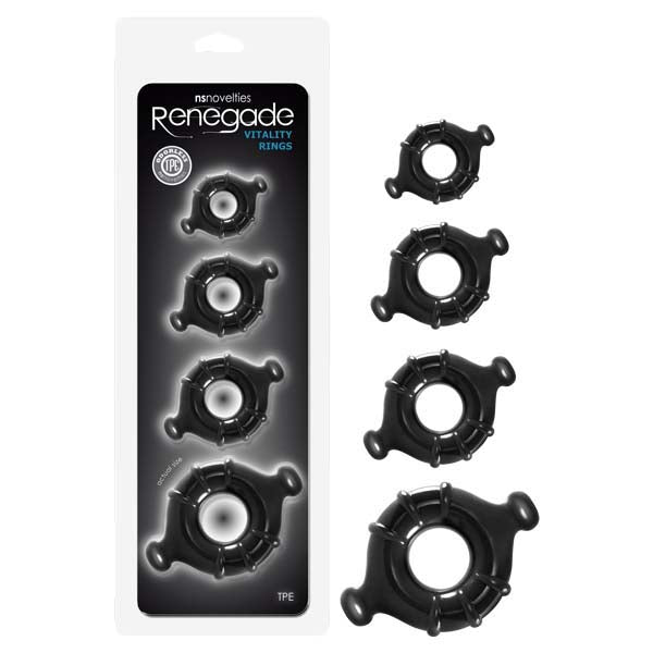Renegade Vitality Cock Rings Set of Four Sizes for Intimacy Black COCK RING Set