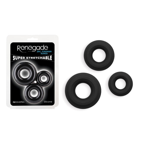 Renegade 3pc Fireman Rings - Assorted Sizes Silicone Set Black COCK RING Set