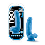 Neo Elite 7 Inch Silicone Dildo with Balls Neon Blue in packaging