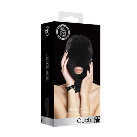 Ouch Velvet and Velcro Mask with Mouth Opening Hood for Comfortable Fetish Play Black > Bondage Gear > Bondage Hoods