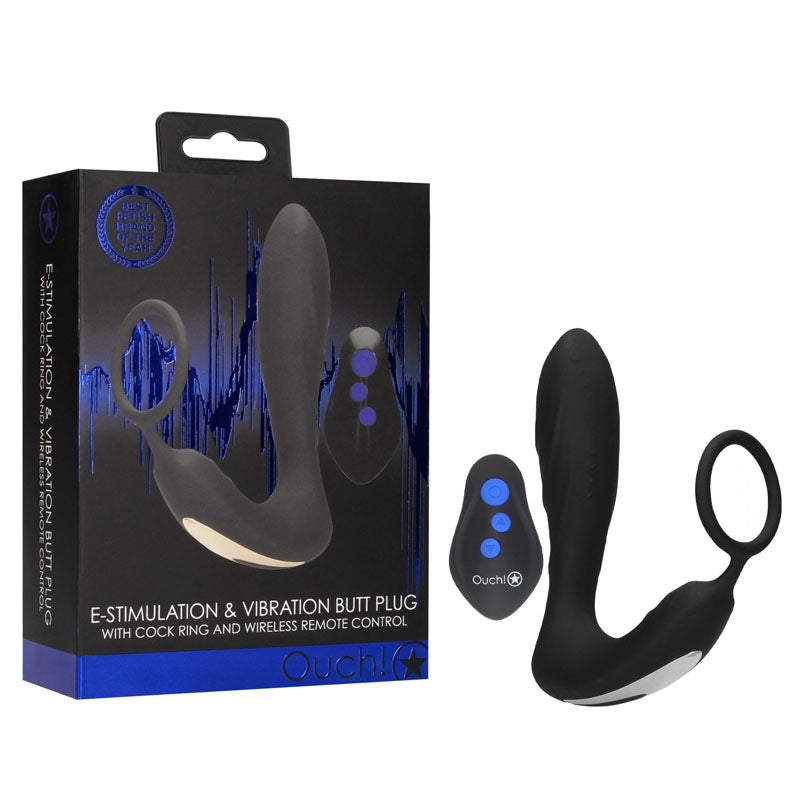 Ouch E-Stim Vibrating Butt Plug and Cock Ring USB Rechargeable Black Adult Sex Toy Black E-STIM TOYS