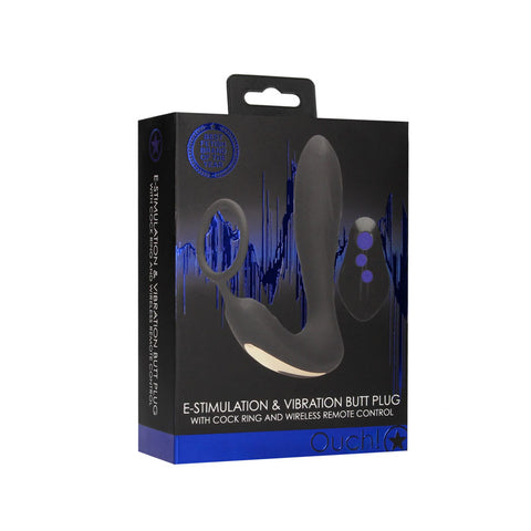 Ouch E-Stim Vibrating Butt Plug and Cock Ring USB Rechargeable Black Adult Sex Toy E-STIM TOYS