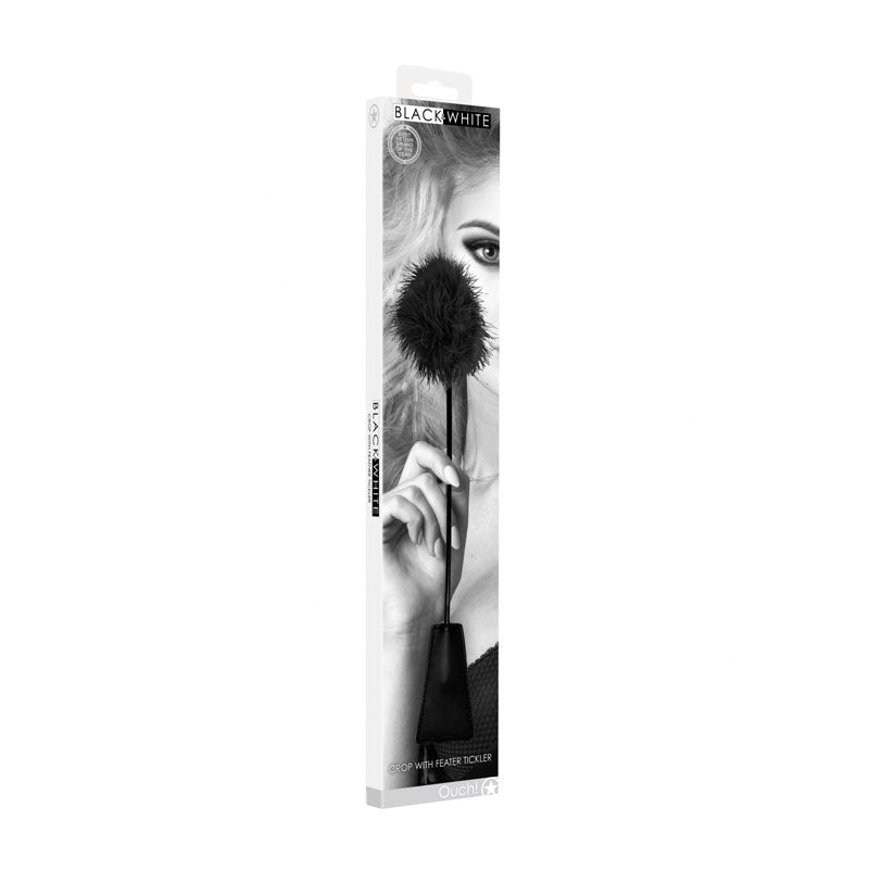 Ouch Black and White Crop with Feather Tickler 44 Centimeter Feather Crop Whips & Paddles