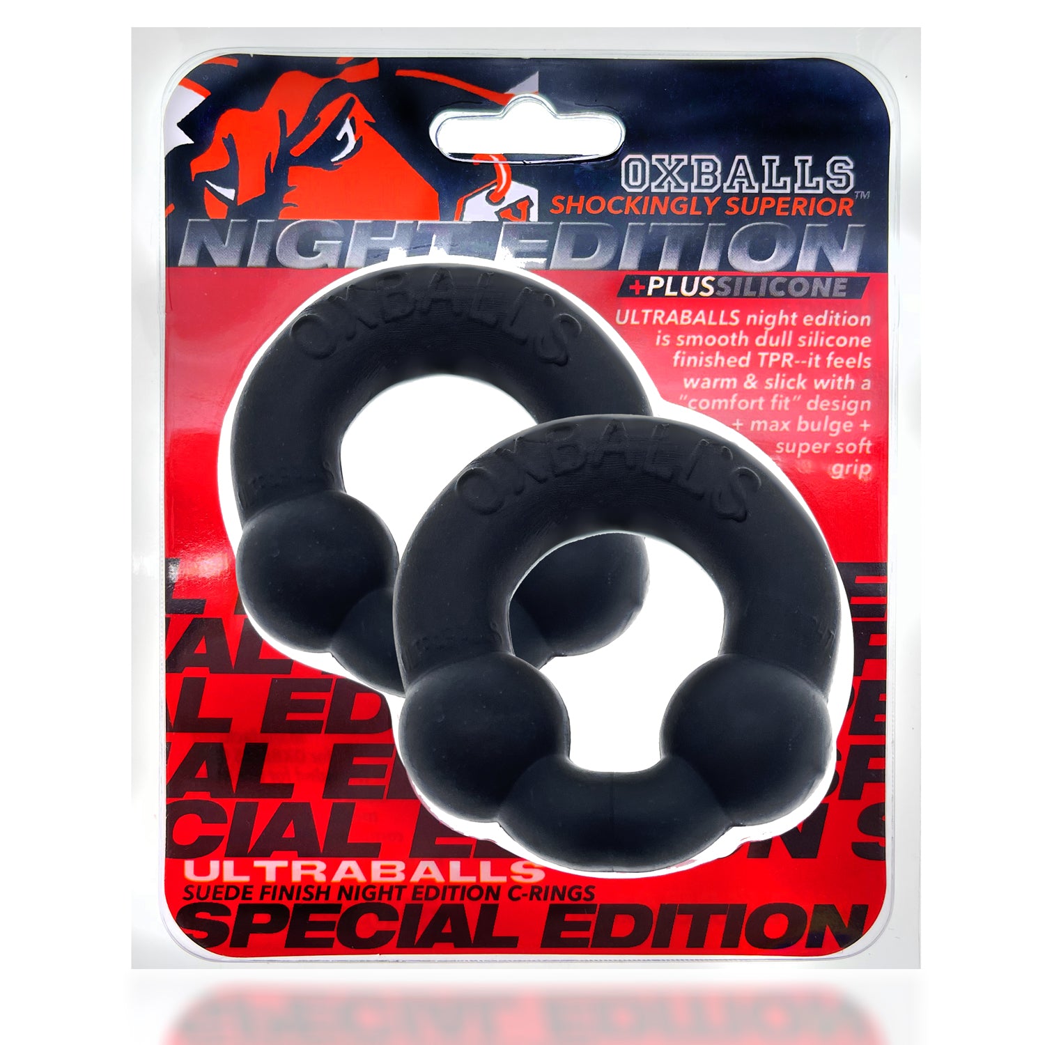 Ultraballs Cockring Night Edition Two Pack with Velvety Silicone Finish Black One Size COCK RING Set