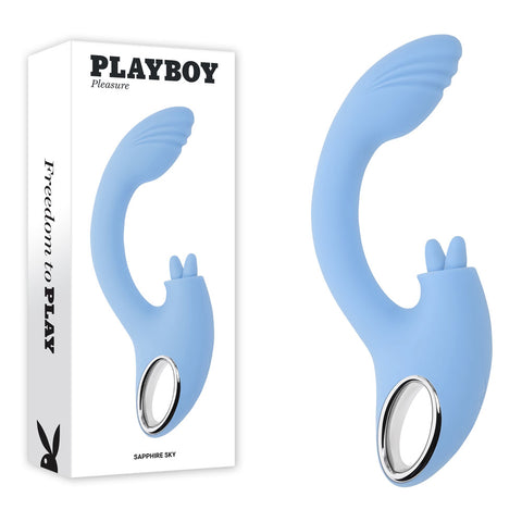 Playboy Pleasure SAPPHIRE SKY - 21.6 cm USB Rechargeable Vibrator with Double Tongue Stimulator Blue VIBRATORS-RABBIT-MULTI