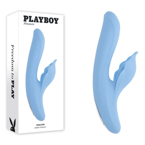Playboy Pleasure IN BLOOM - 23.5 cm USB Rechargeable Thrusting Tapping & Heating Dual Vibrator Blue VIBRATORS-RABBIT-MULTI