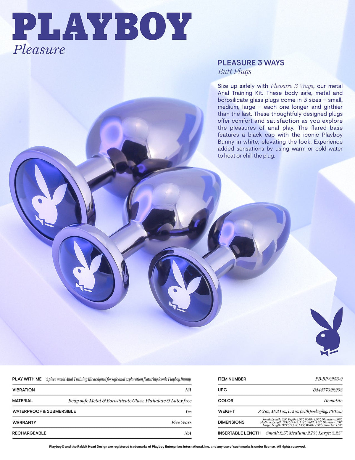 Playboy Pleasure 3 Ways Hematite Plated Metal Anal Plug Set > Anal Range > Butt Plug Kits