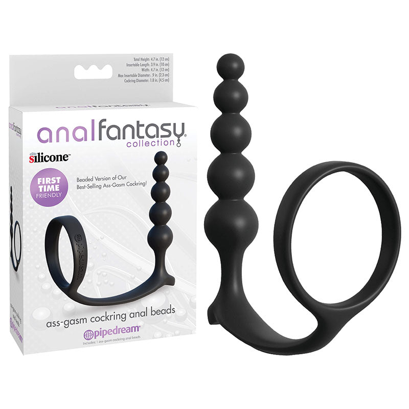 Anal Fantasy Collection Ass-Gasm Beaded Cockring with Anal Plug – Silicone Cockring and Anal Beads Black > Anal Range > Prostate Plugs