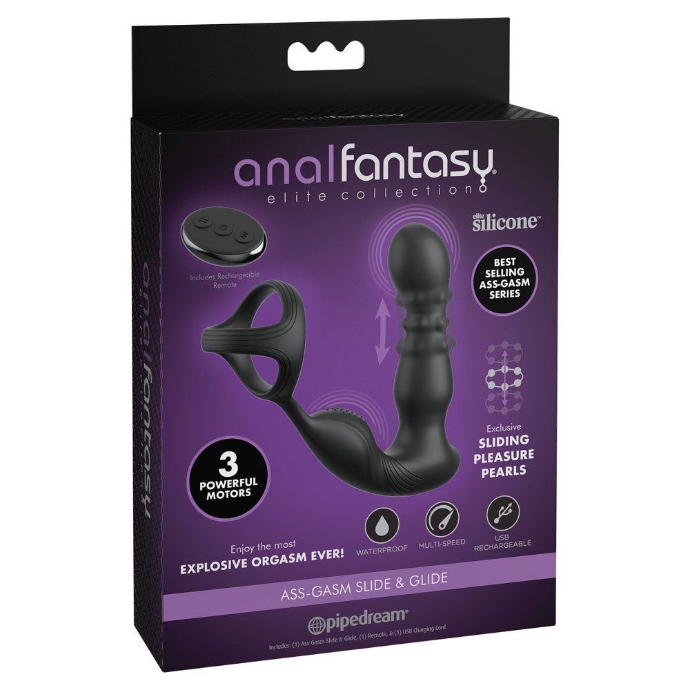 Anal Fantasy Elite Ass-Gasm Slide & Glide USB Rechargeable Silicone 7.5 Inch Prostate Massager Black > Anal Range > Prostate Plugs