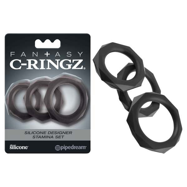 Fantasy C-Ringz Silicone Designer Stamina Set Black Cock Rings Set of 3 Sizes Black Cockrings