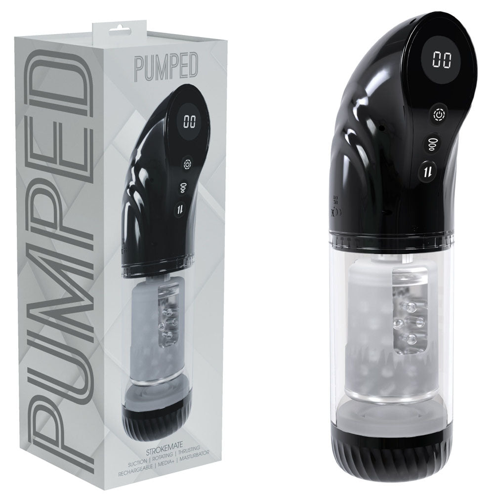 Pumped Strokemate Clear USB Rechargeable Sucking Rotating Thrusting Auto Masturbator Black PUMPS Male Electric