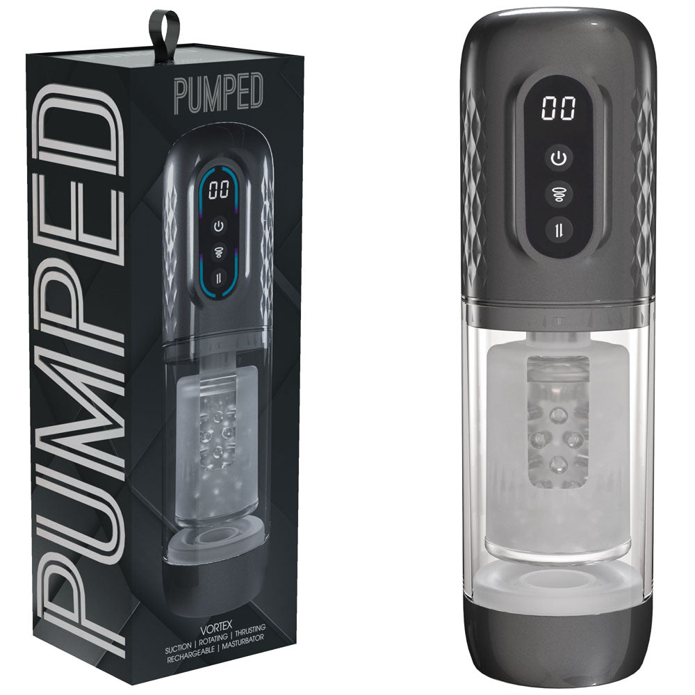PUMPED Vortex - Gunmetal - Gunmetal Grey/Clear USB Rechargeable Sucking Rotating and Thrusting Auto Masturbator Grey > Sex Toys For Men > Masturbators > Vibrating
