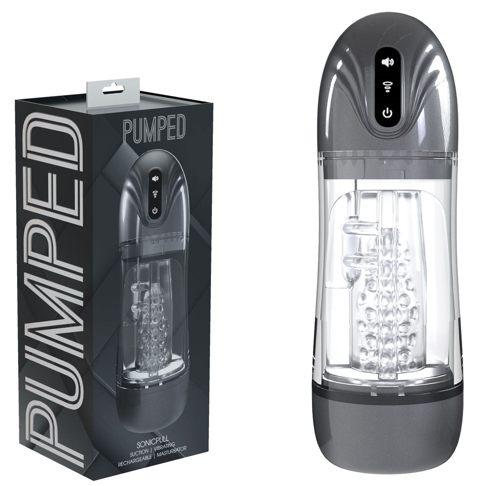 Pumped Sonicpull Gunmetal Grey Clear USB Rechargeable Sucking And Vibrating Auto Masturbator Grey PUMPS Male Electric