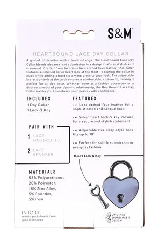 Heartbound Lace Day Collar with Silver Heart Lock for Adults Black Womens Leather