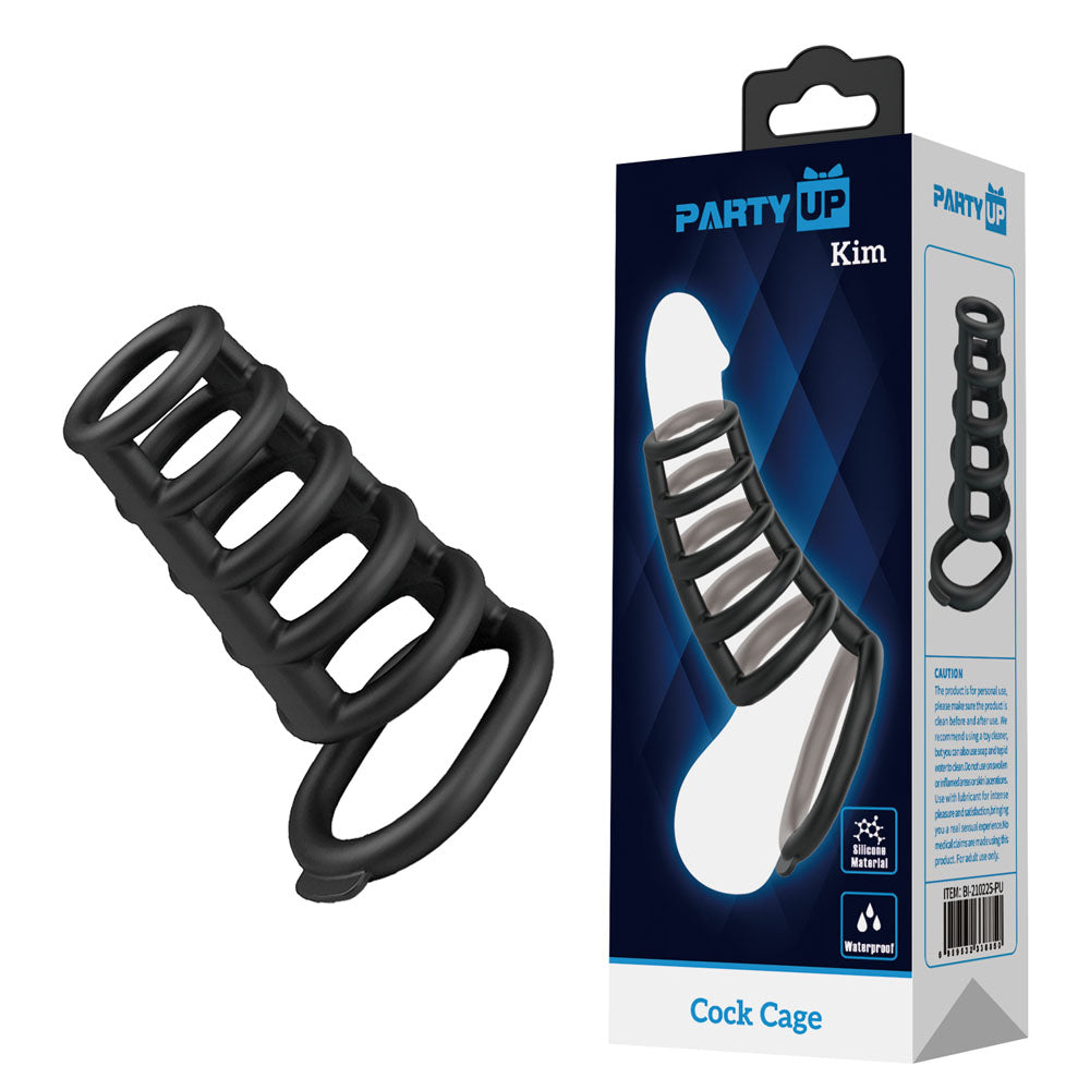 Party Up Kim Cock Cage Ribbed Penis Extender Sleeve with Six Connected Rings Cock Ring > Bondage Gear > Male Chastity