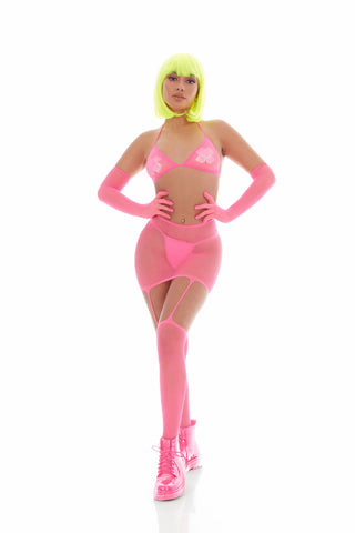Pink Mesh Bling Ring Set with Pasties and Triangle Bikini Top Bodystocking