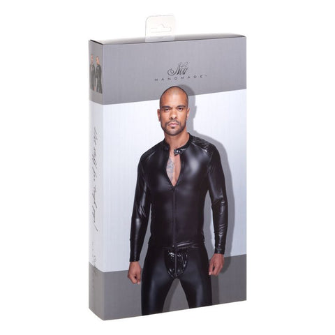 Power Wetlook Mens Jacket with Pleated PVC Epaulets Mens Latex