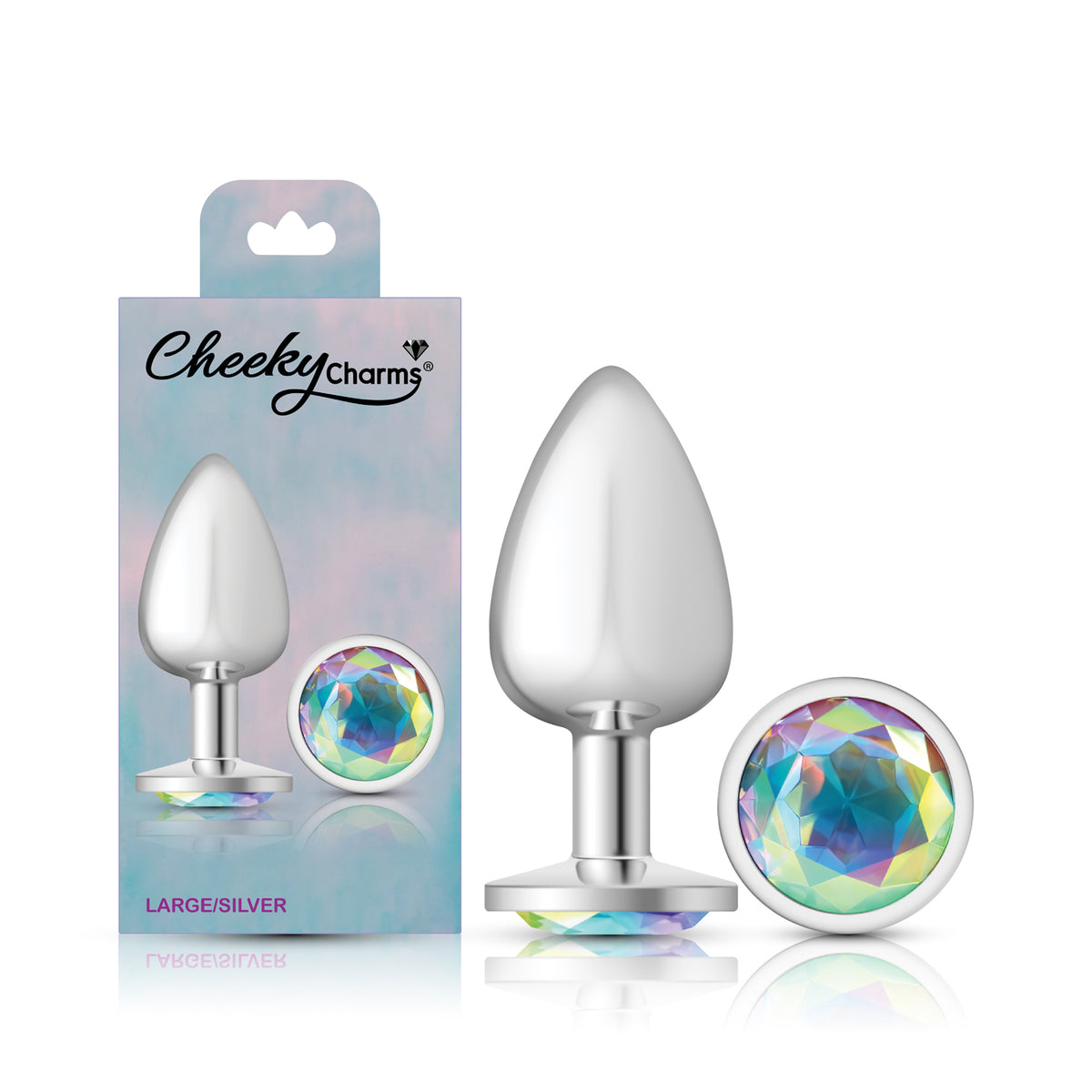 Cheeky Charms Silver Round Butt Plug with Clear Iridescent Jewel Large (9.12cm) > Anal Range > Jewel Butt Plugs