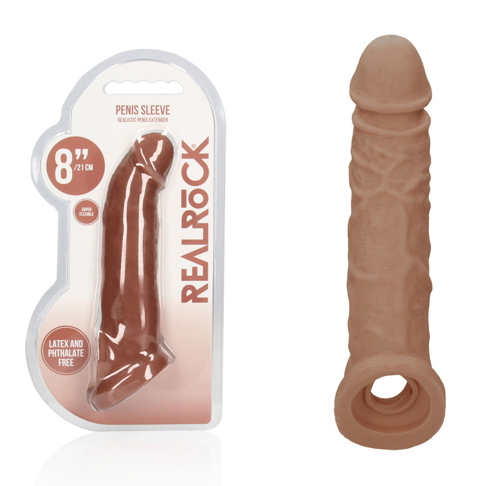 Realrock 8 Inch Realistic Penis Extender with Rings – Penis Extension Sleeve Tan > Sex Toys For Men > Penis Sleeves