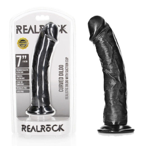 Realrock Realistic Regular Curved Dildo with Suction Cup 18 cm 7 Inch Dong Black Dongs Realistic
