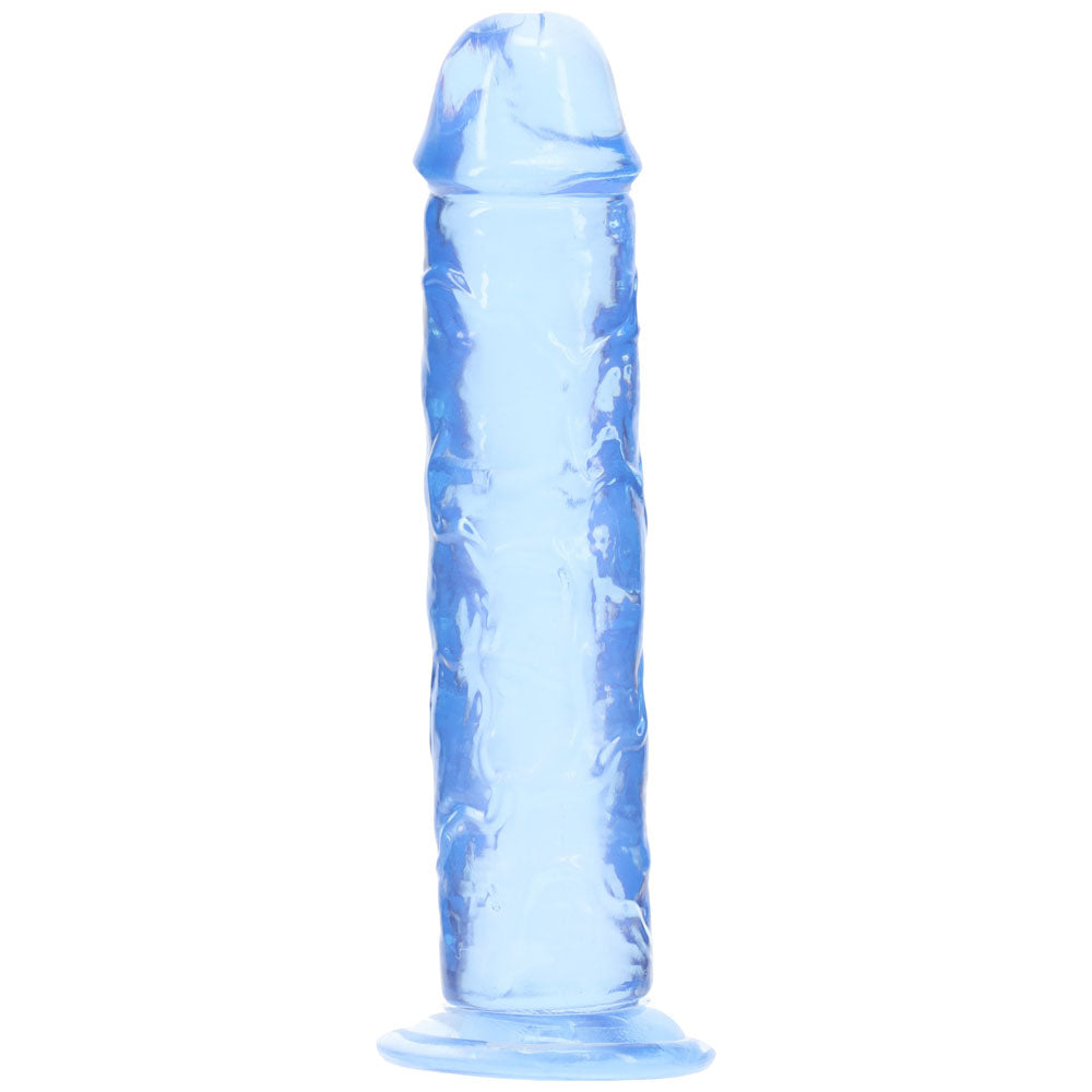 Realrock Crystal Clear 5 Inch Suction Cup Dildo Blue, angled view