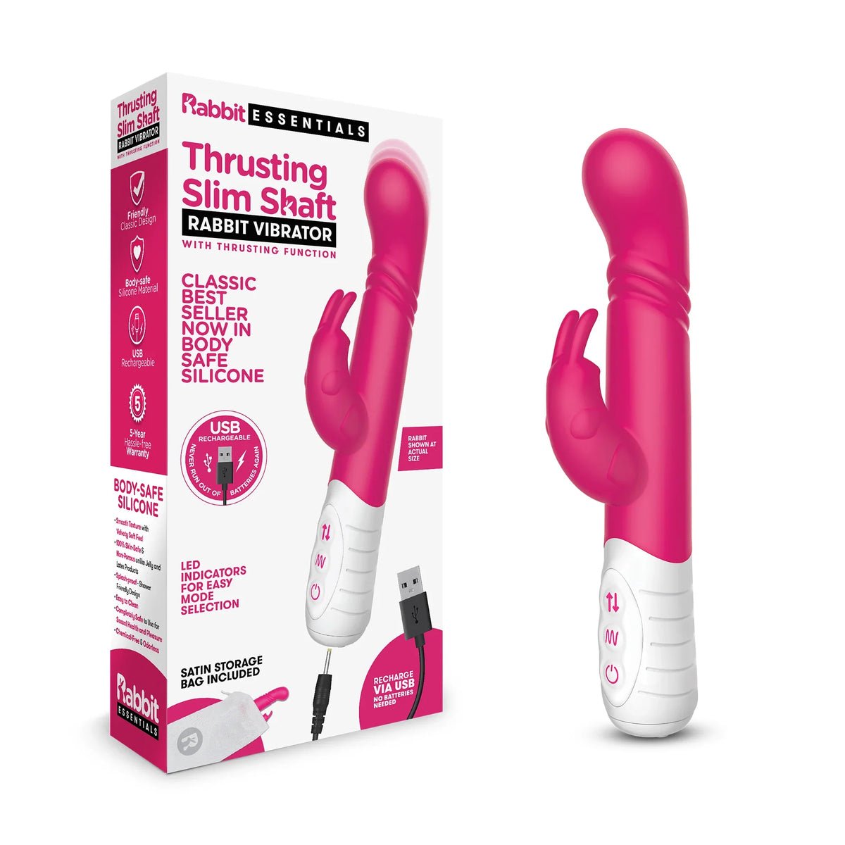 Rabbit Essentials Slim Shaft Thrusting G-Spot Rabbit Vibrator with Satin Storage Bag > Vibrators > Ladies > Rabbit Multi