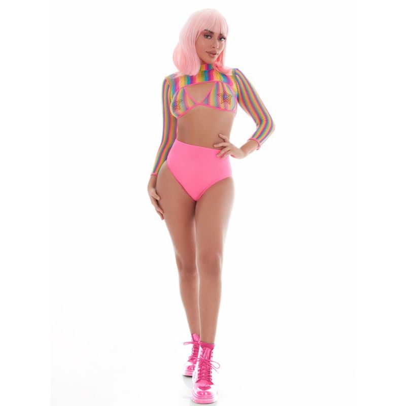 Rainbow Shrug Bikini Top and Hot Pants Net Set with Pasties Mesh Festival Apparel > Clothes > Costumes > Womens