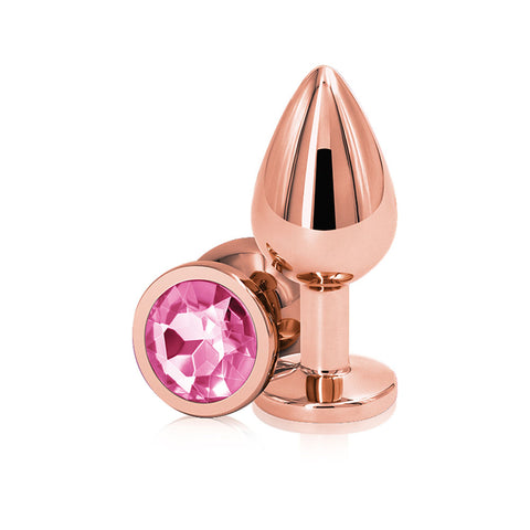 Rear Assets Rose Gold Medium - Metal Butt Plug with Pink Gem Base > Anal Range > Jewel Butt Plugs