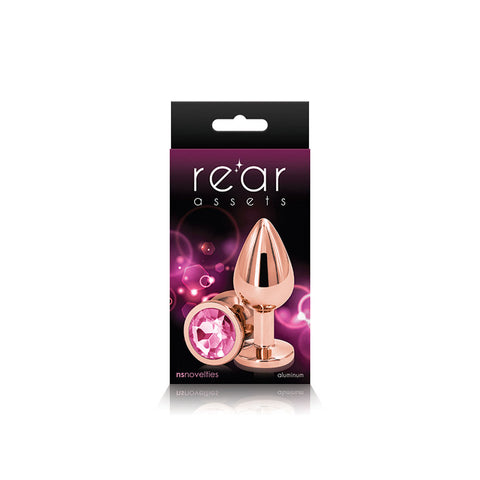 Rear Assets Rose Gold Medium - Metal Butt Plug with Pink Gem Base > Anal Range > Jewel Butt Plugs