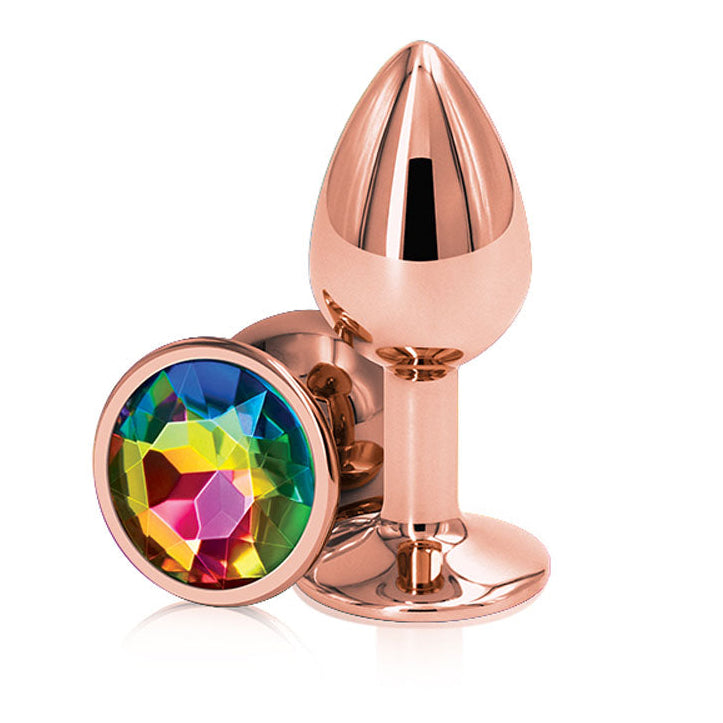 Rear Assets Round Jewel Metal Butt Plug Rose Gold Rainbow Small > Anal Range > Jewel Butt Plugs