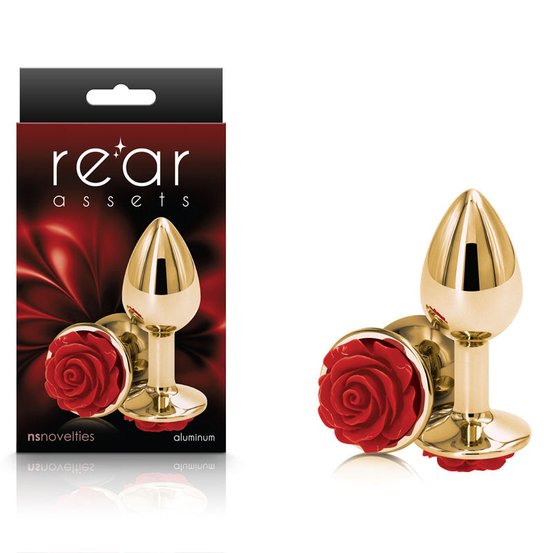 Rear Assets Rose Small Gold Butt Plug 7.6 cm with Red Rose Base > Anal Range > Jewel Butt Plugs