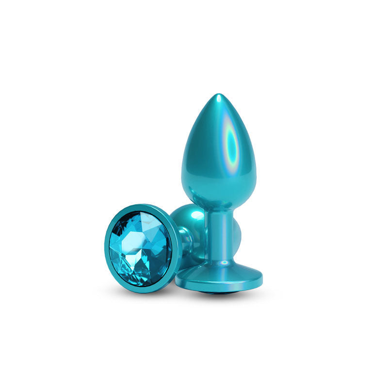 Rear Assets Iridescent Metal Butt Plug – Lightweight Anal Plug with Round Gem Base (Small, Medium) Teal Small > Anal Range > Butt Plugs