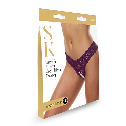 Secret Kisses Lace and Pearls Crotchless Thong Purple S/M Size Panties