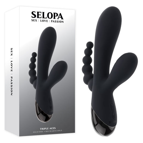 Selopa Triple Aces – USB Rechargeable Triple Stimulator Vibrator 19.7 cm Black VIBRATORS-RABBIT-MULTI