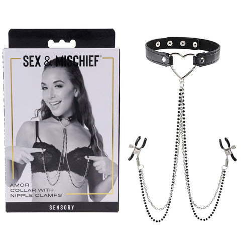 Sex & Mischief Amor Collar with Nipple Clamps Adjustable Black Nipple Clamps