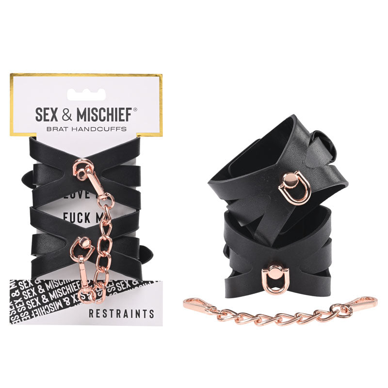 Sex & Mischief Brat Handcuffs – Faux Leather Corset Cutout Black > Bondage Gear > Handcuffs