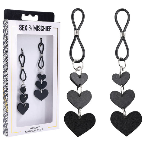 Heart Nipple Ties Black Faux Leather Sensual Adult Accessory Black Nipple Clamps