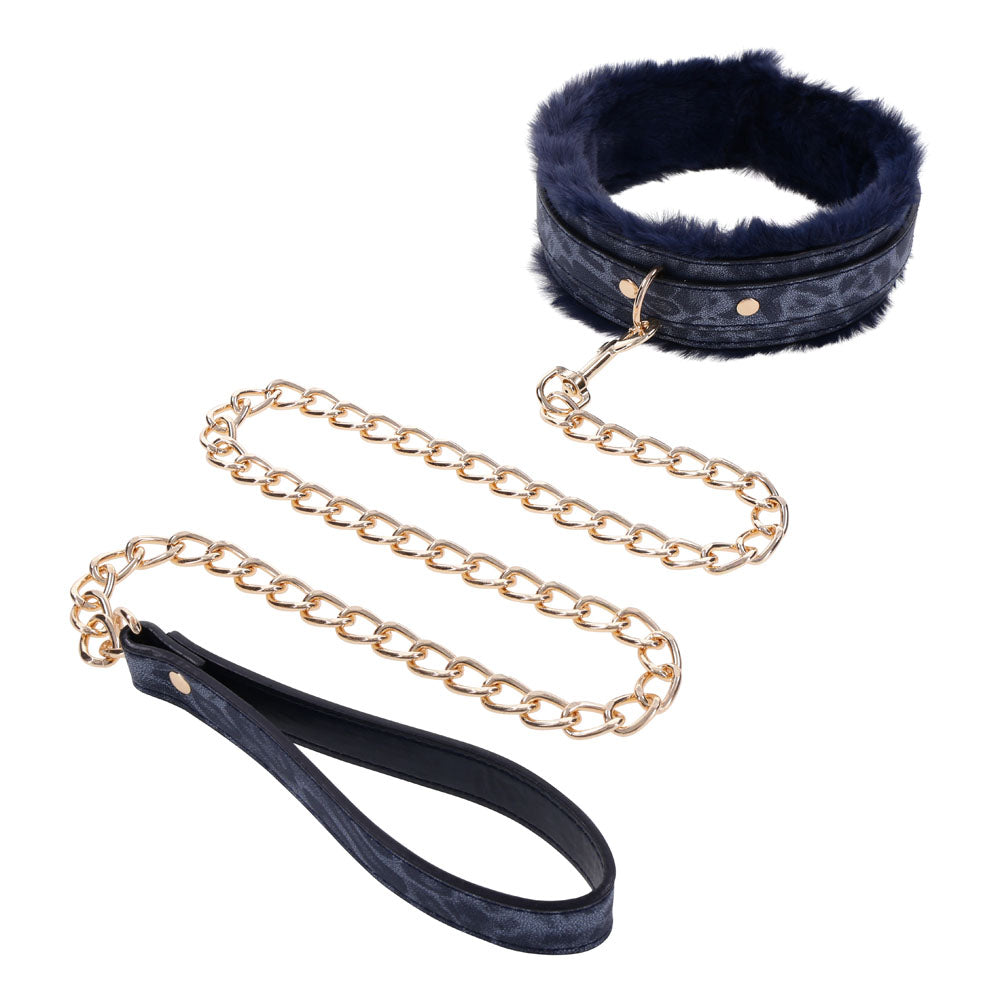 Sex & Mischief Cougar Fur Collar and Leash Set Navy and Gold Furry Restraint with Adjustable Collar and Chain Leash Blue > Bondage Gear > Restraints