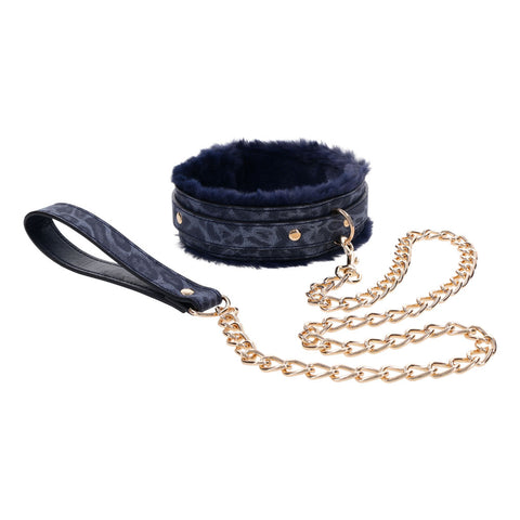 Sex & Mischief Cougar Fur Collar and Leash Set Navy and Gold Furry Restraint with Adjustable Collar and Chain Leash > Bondage Gear > Restraints