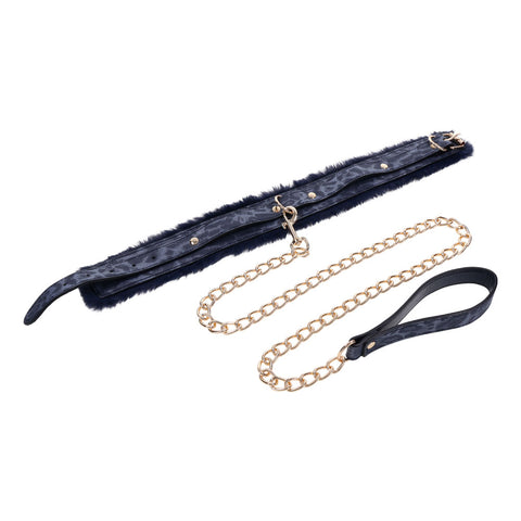Sex & Mischief Cougar Fur Collar and Leash Set Navy and Gold Furry Restraint with Adjustable Collar and Chain Leash > Bondage Gear > Restraints