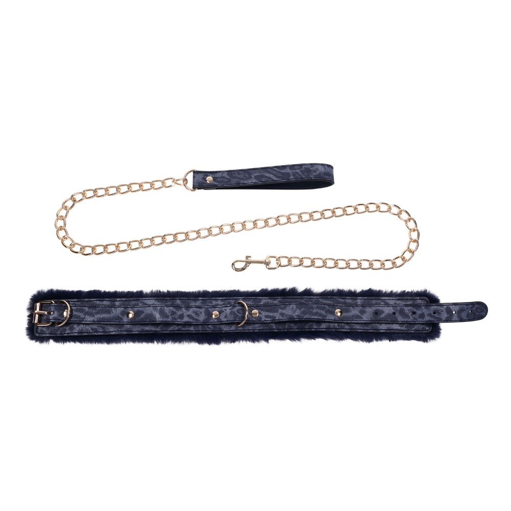 Sex & Mischief Cougar Fur Collar and Leash Set Navy and Gold Furry Restraint with Adjustable Collar and Chain Leash > Bondage Gear > Restraints